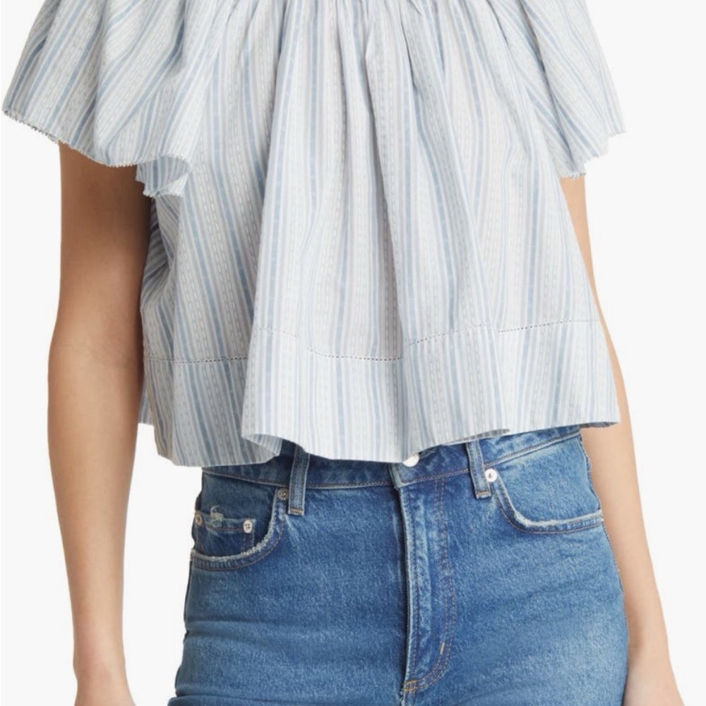THE GREAT. Blue Flutter Sleeve Crop Blouse